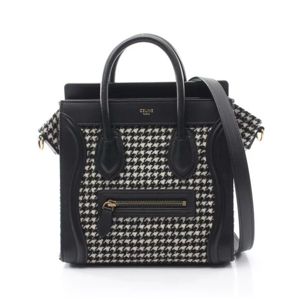 Celine Luggage Tote Shopper Houndstooth Handbag Wool Leather Black White
